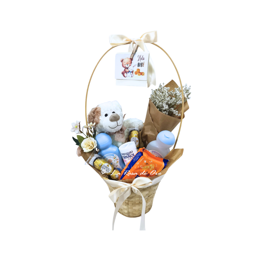 Dulce Bienvenida – Cesta de nacimiento con flores y peluche
