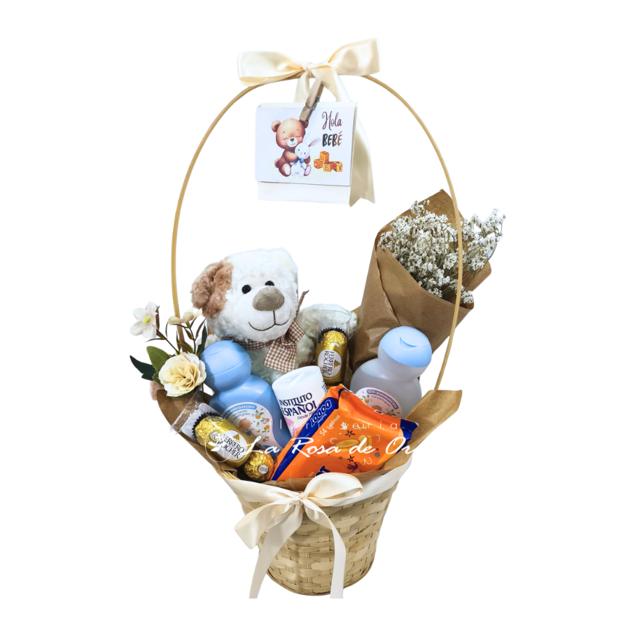 Dulce Bienvenida – Cesta de nacimiento con flores y peluche