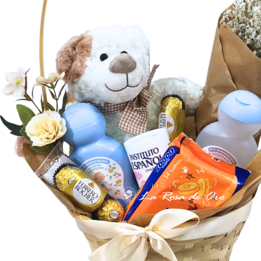 Dulce Bienvenida – Cesta de nacimiento con flores y peluche
