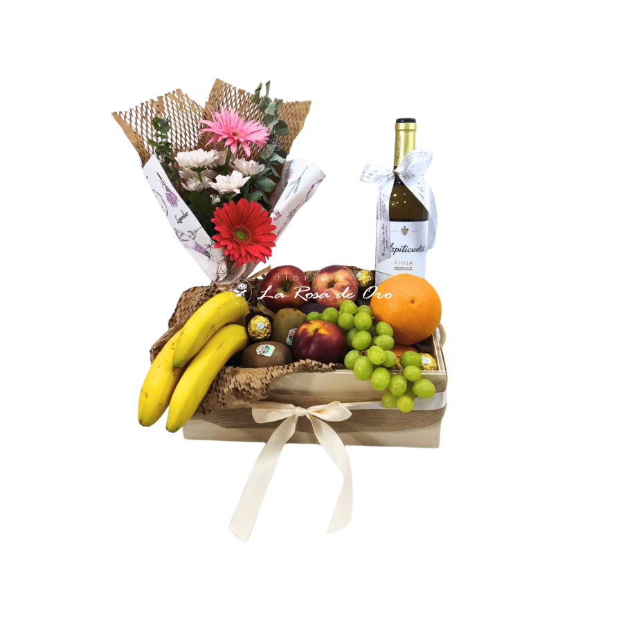 Flores y Sabores ,Cesta de frutas con flores, vino y bombones a domicilio en Sevilla