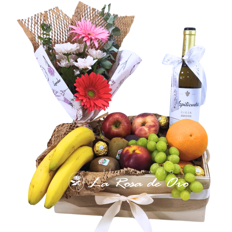 Flores y Sabores ,Cesta de frutas con flores, vino y bombones a domicilio en Sevilla