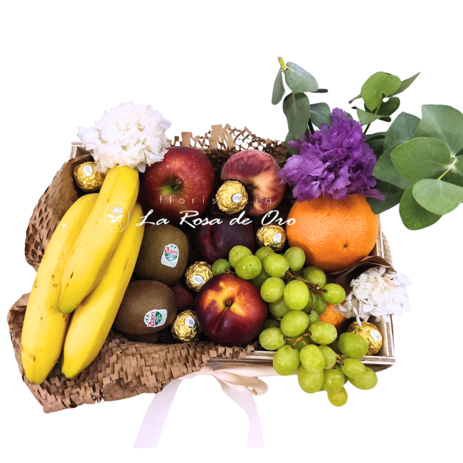 Flores y Sabores ,Cesta de frutas con flores, vino y bombones a domicilio en Sevilla