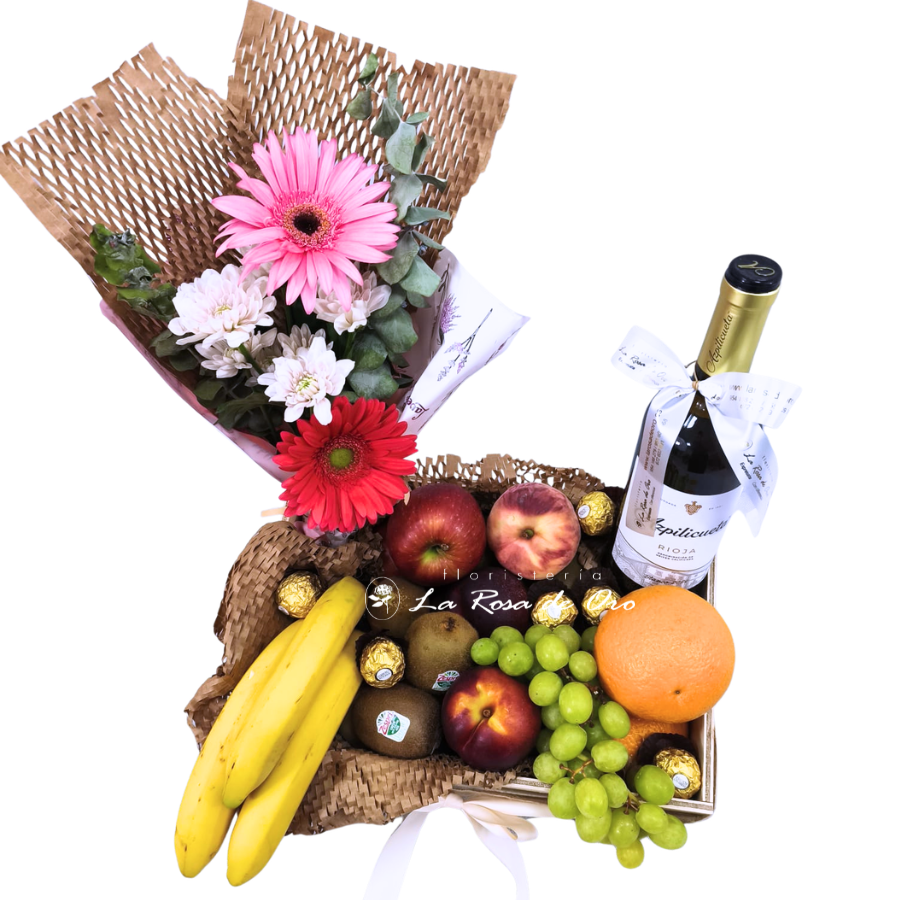 Flores y Sabores ,Cesta de frutas con flores, vino y bombones a domicilio en Sevilla