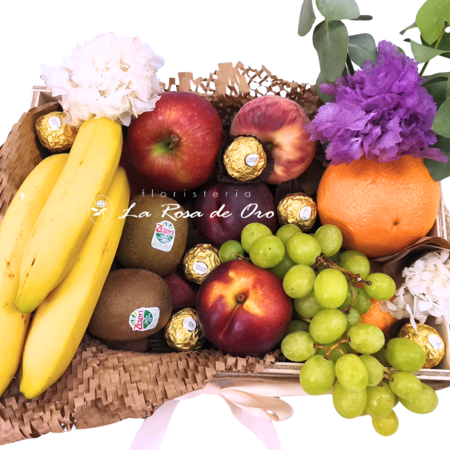 Flores y Sabores ,Cesta de frutas con flores, vino y bombones a domicilio en Sevilla