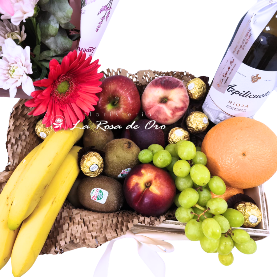 Flores y Sabores ,Cesta de frutas con flores, vino y bombones a domicilio en Sevilla
