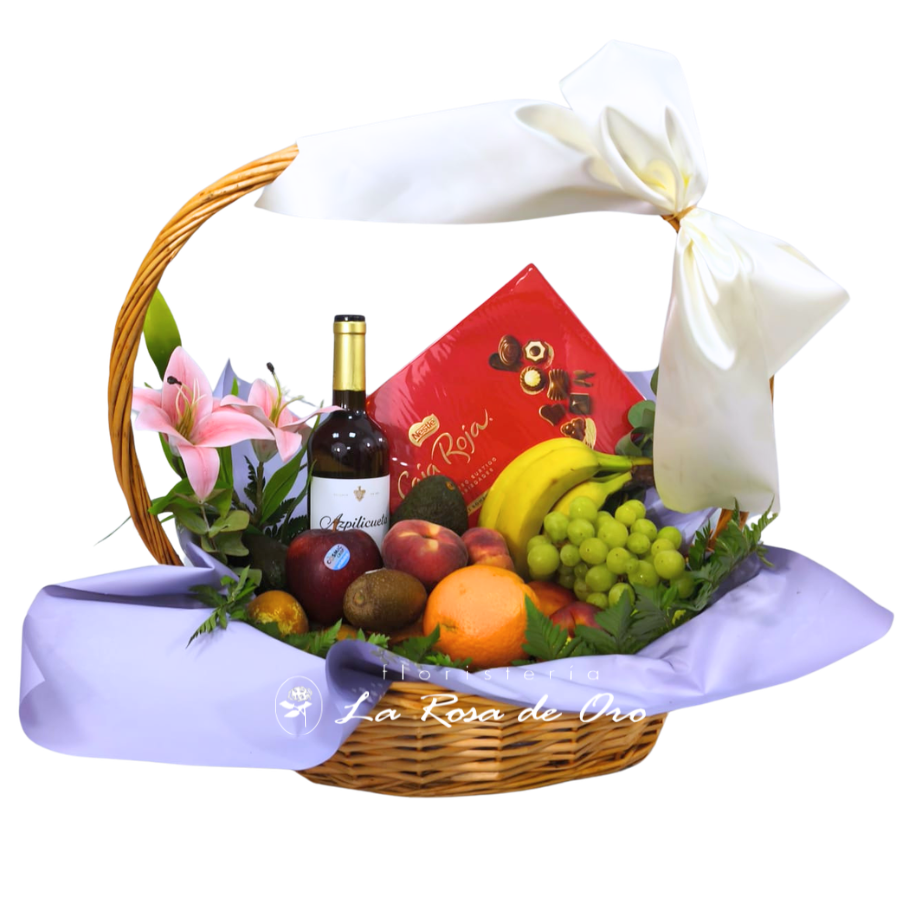 Gran Cesta Gourmet de Oro, Frutas, vino y bombones