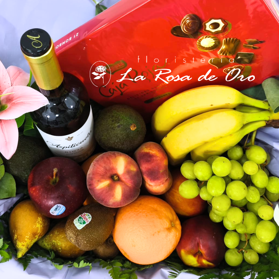 Gran Cesta Gourmet de Oro, Frutas, vino y bombones